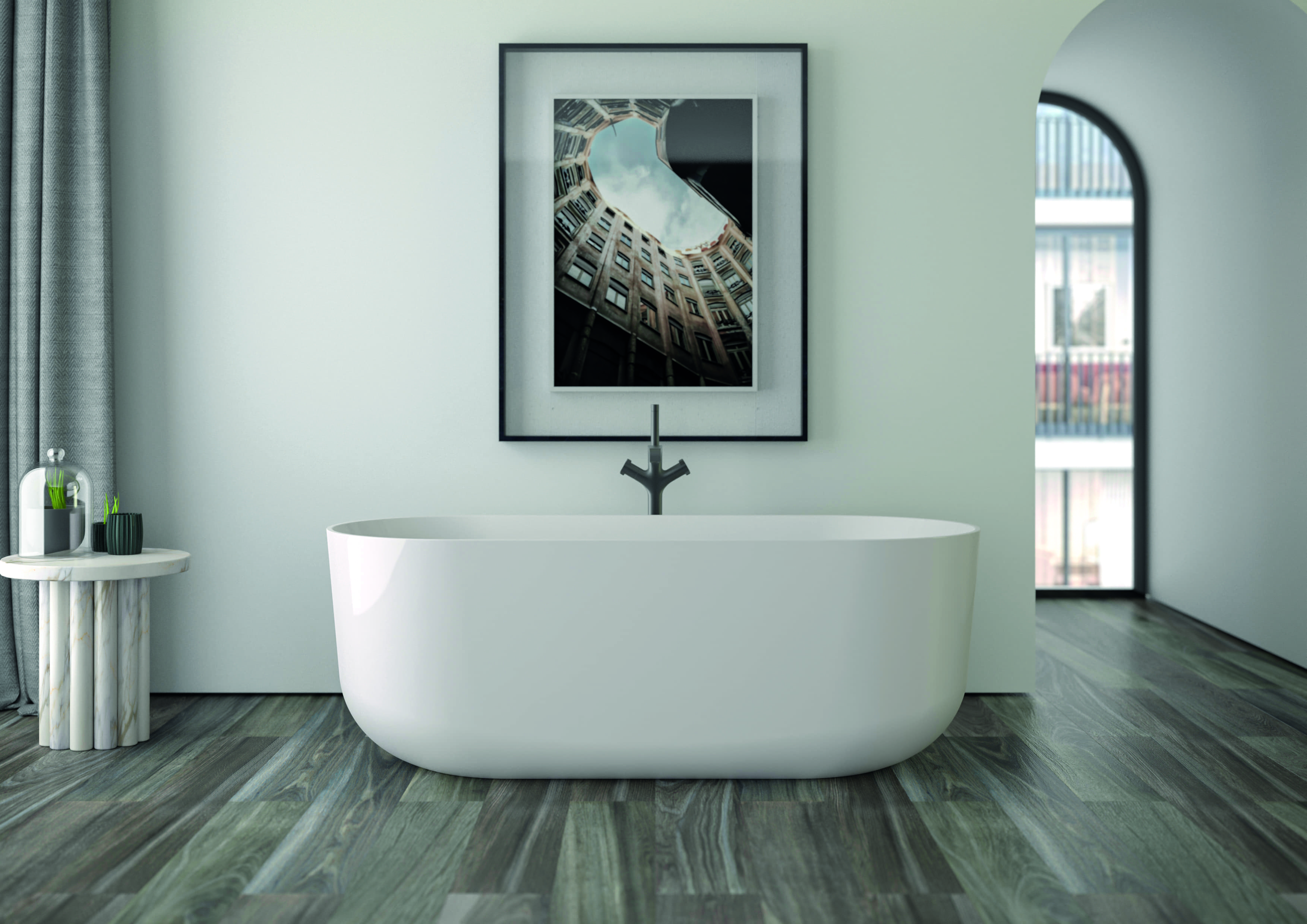 Trônant au centre de la salle de bain, la baignoire en acrylique Nice arbore un design épuré. Trônant au centre de la salle de bain, la baignoire en acrylique Nice arbore un design épuré.