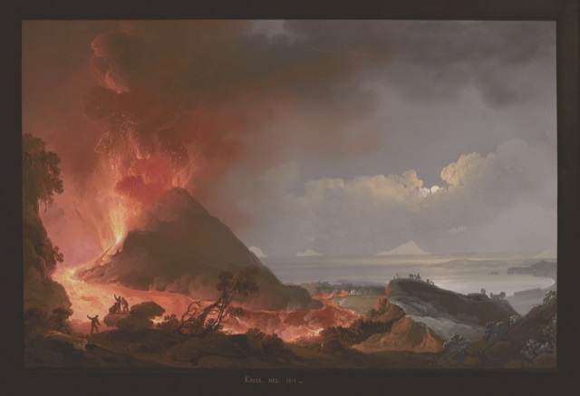 «Gouache de Camille de Vito, actif à Naples entre 1790 et 1835.» «Eruption du Vésuve de 1812».