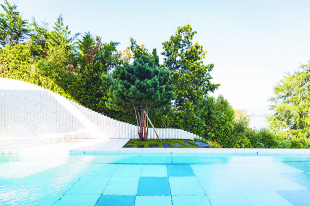 Cette piscine à fond mobile tantôt bassin, tantôt terrasse offre une gamme variée d'activités dans la pente de ce jardin