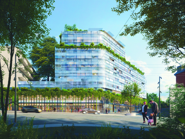 La vue du nouveau bâtiment côté gare des Eaux-Vives, avec quelques commerces au rez-de-chaussée La vue du nouveau bâtiment côté gare des Eaux-Vives, avec quelques commerces au rez-de-chaussée